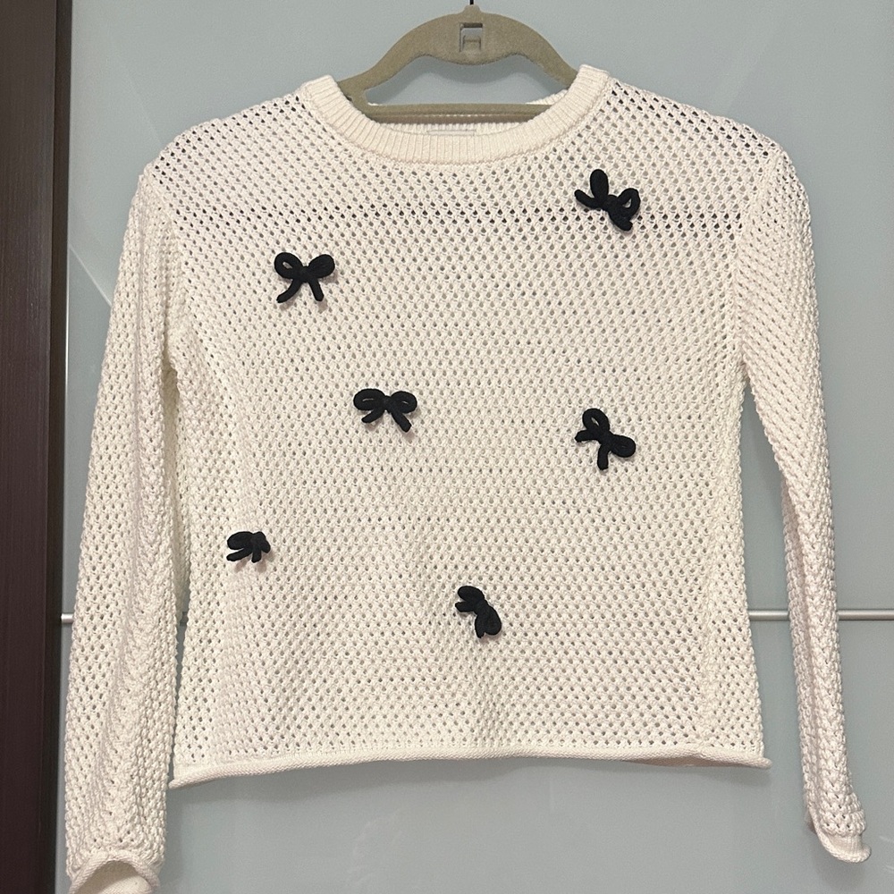 J. Crew White Sweater with Black Bows